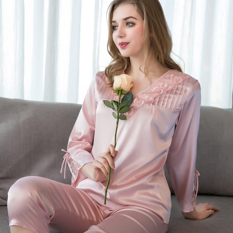 Pure Satin Lace Flower Trim Pajamas Set 2Pcs