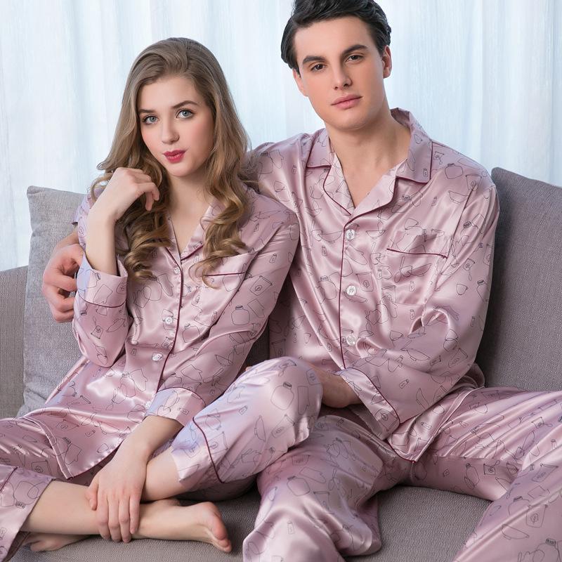 Shawl Collar Trimmed Satin  Couple Pajama Set