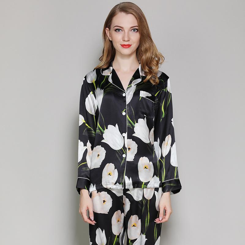 Floral Printed Pure Black Silk Pajamas Set 2Pcs