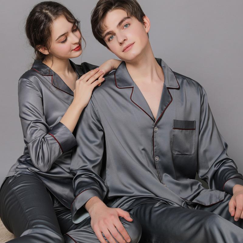 Lapel Collar Satin Couple Pajamas Set