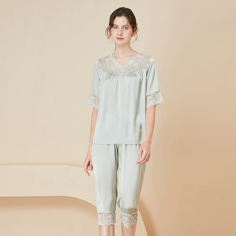 Pure Silk Elegant Lace Neck Short Pajamas Set 2Pcs
