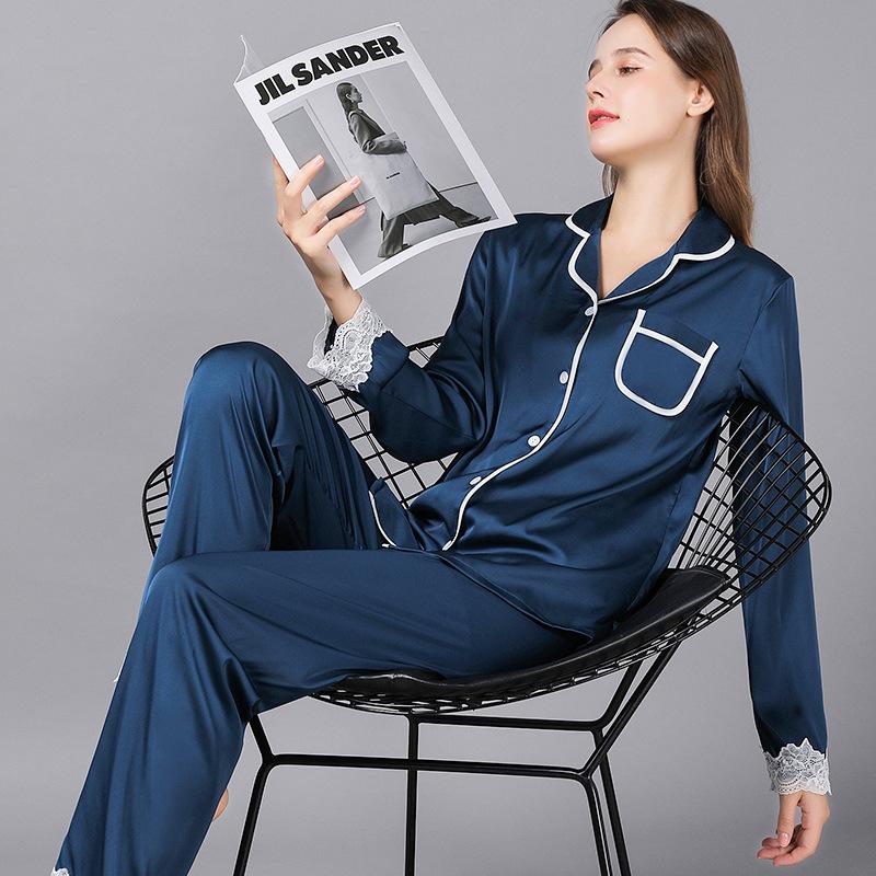 Lace Trim Satin Women Pajama Set