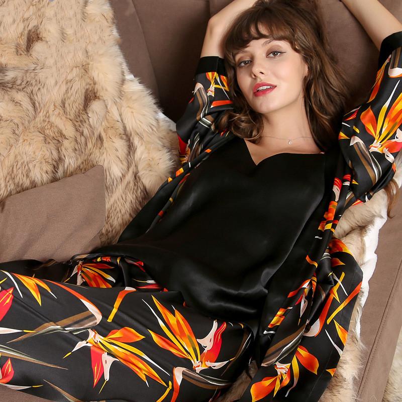 Luxury Black Printed Silk Robe Set