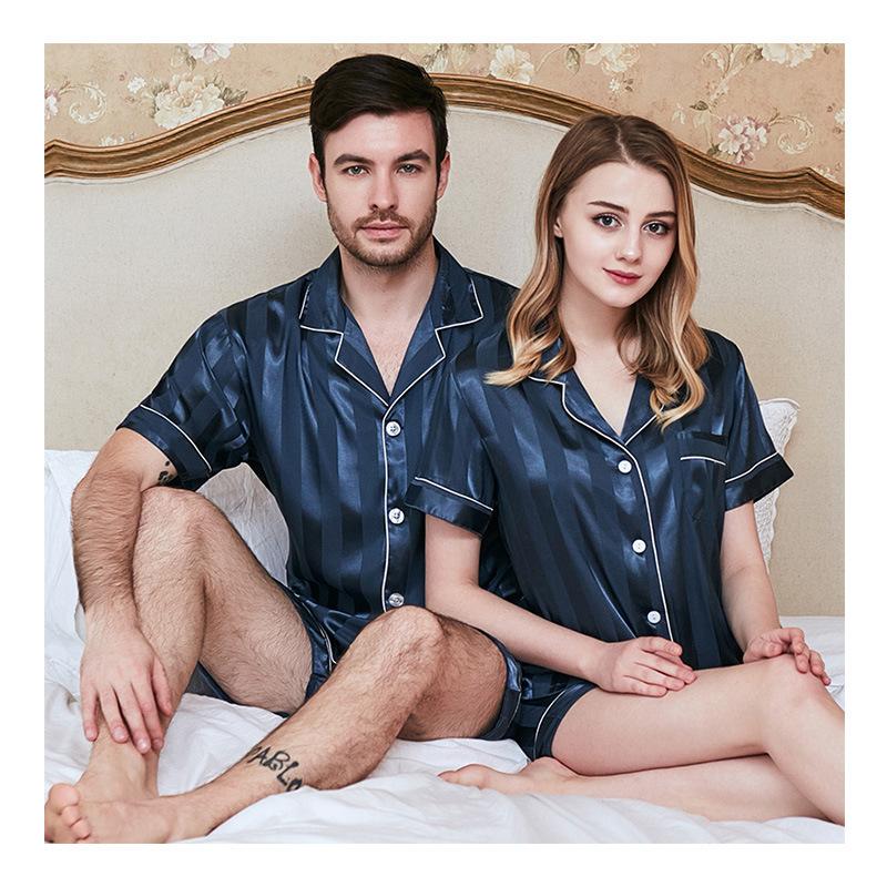 Striped Satin Couple Short Pajamas Set