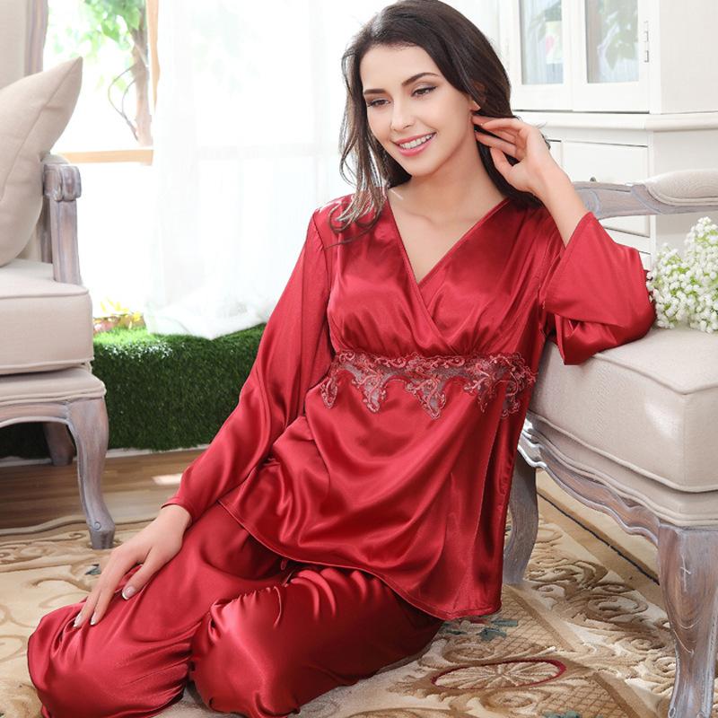 Contrast Lace Peplum  Satin Women Pajama Set