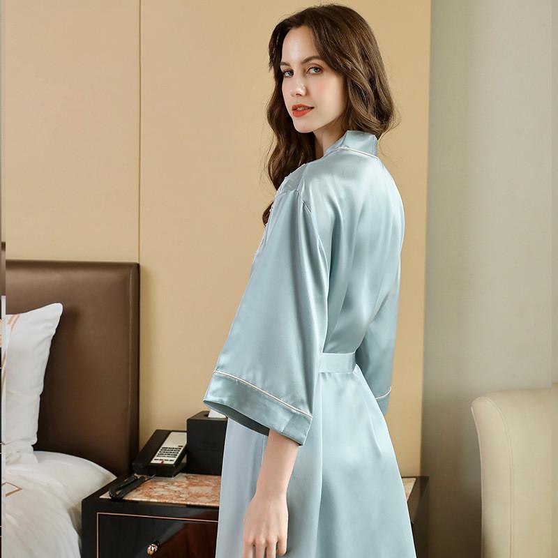 Blue Pure Silk Lace Nightgown & Robe Set 2Pcs