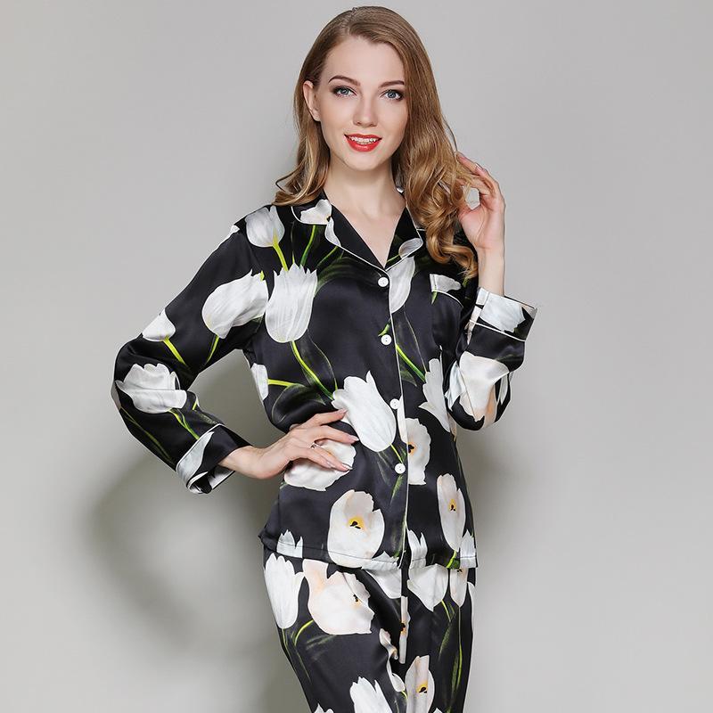 Floral Printed Pure Black Silk Pajamas Set 2Pcs