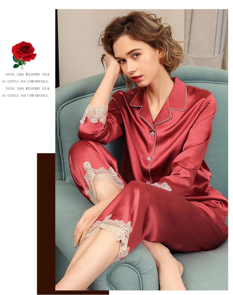 Lace Cuffs Women Silk Pajamas 2Pcs