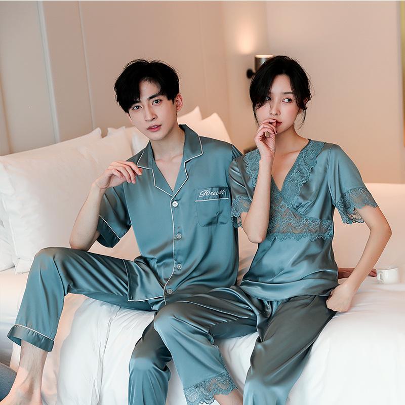 Bow Front Lace Trim Satin Couple Pajama Set
