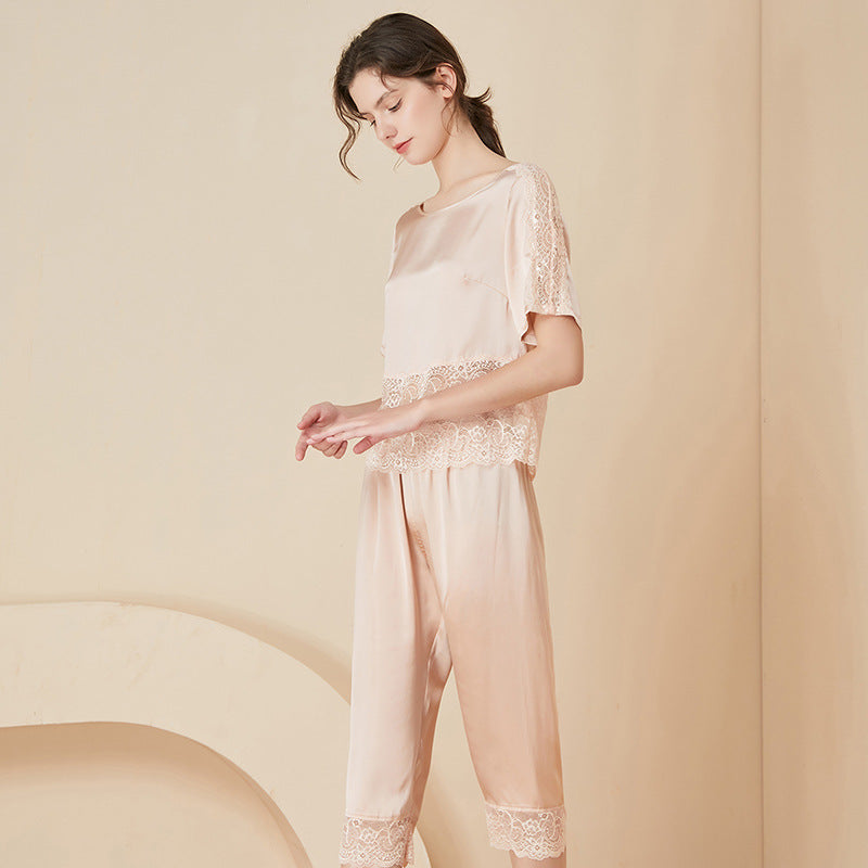 Lace Cuffs Hem Pure Silk Pajamas Set