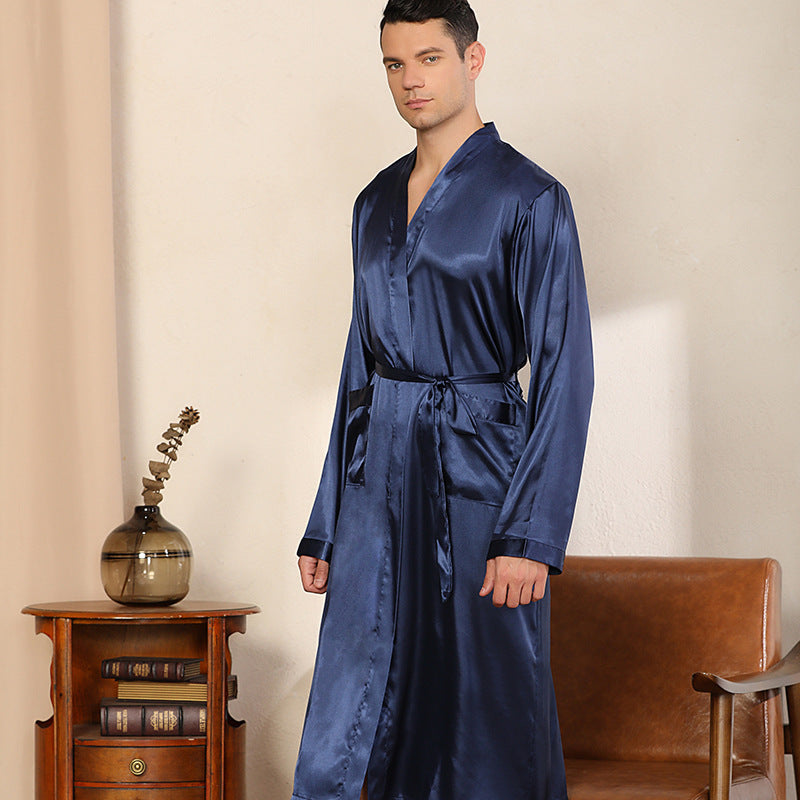 Men Satin Dual Pockets Belted Night Robe
