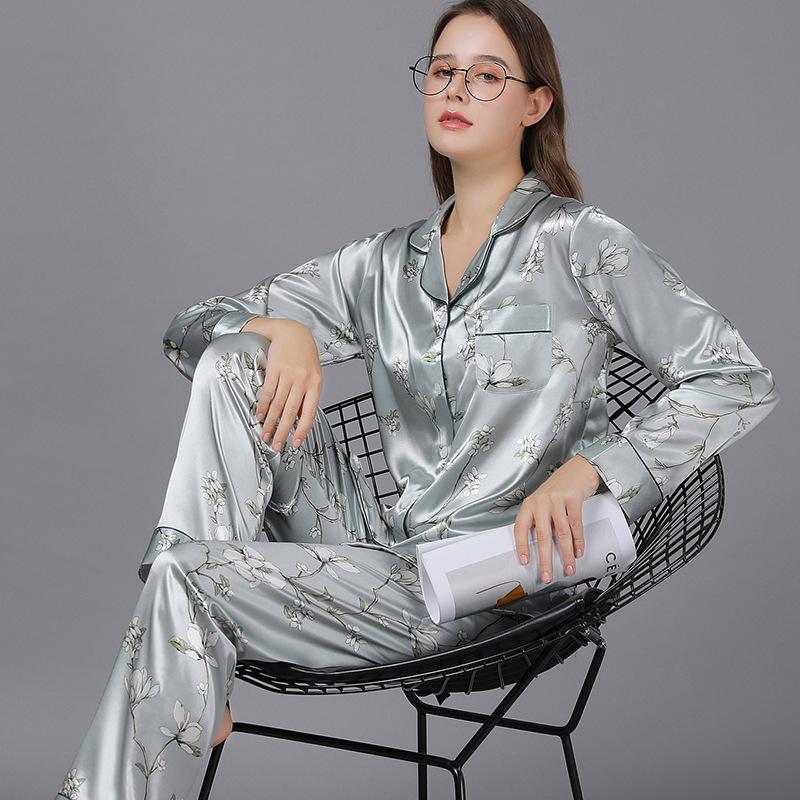Floral Print Lapel Collar Satin Pajamas Set