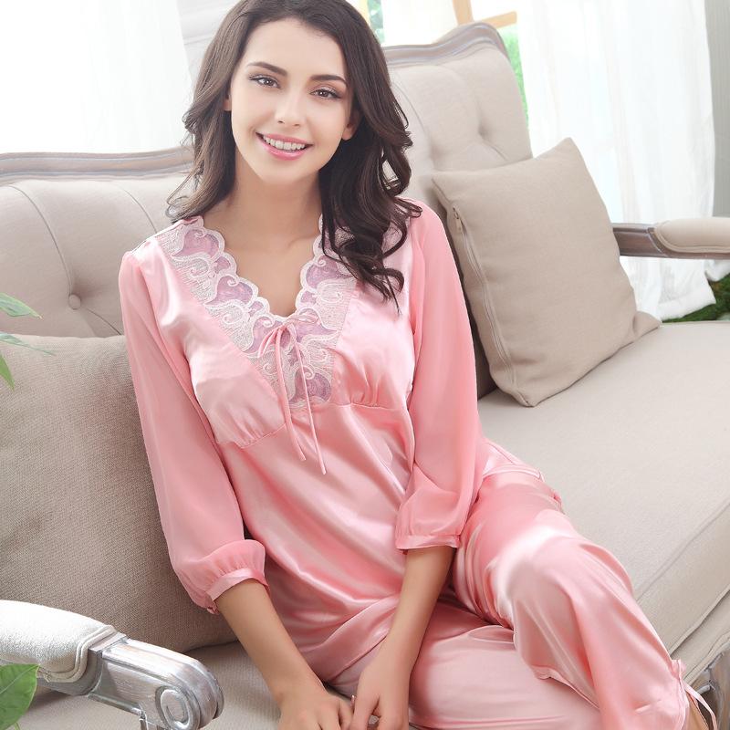 Floral Lace Trim Satin Women Pajama Set