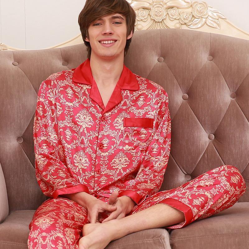 Red Lace Luxe Men Satin Pajamas Set