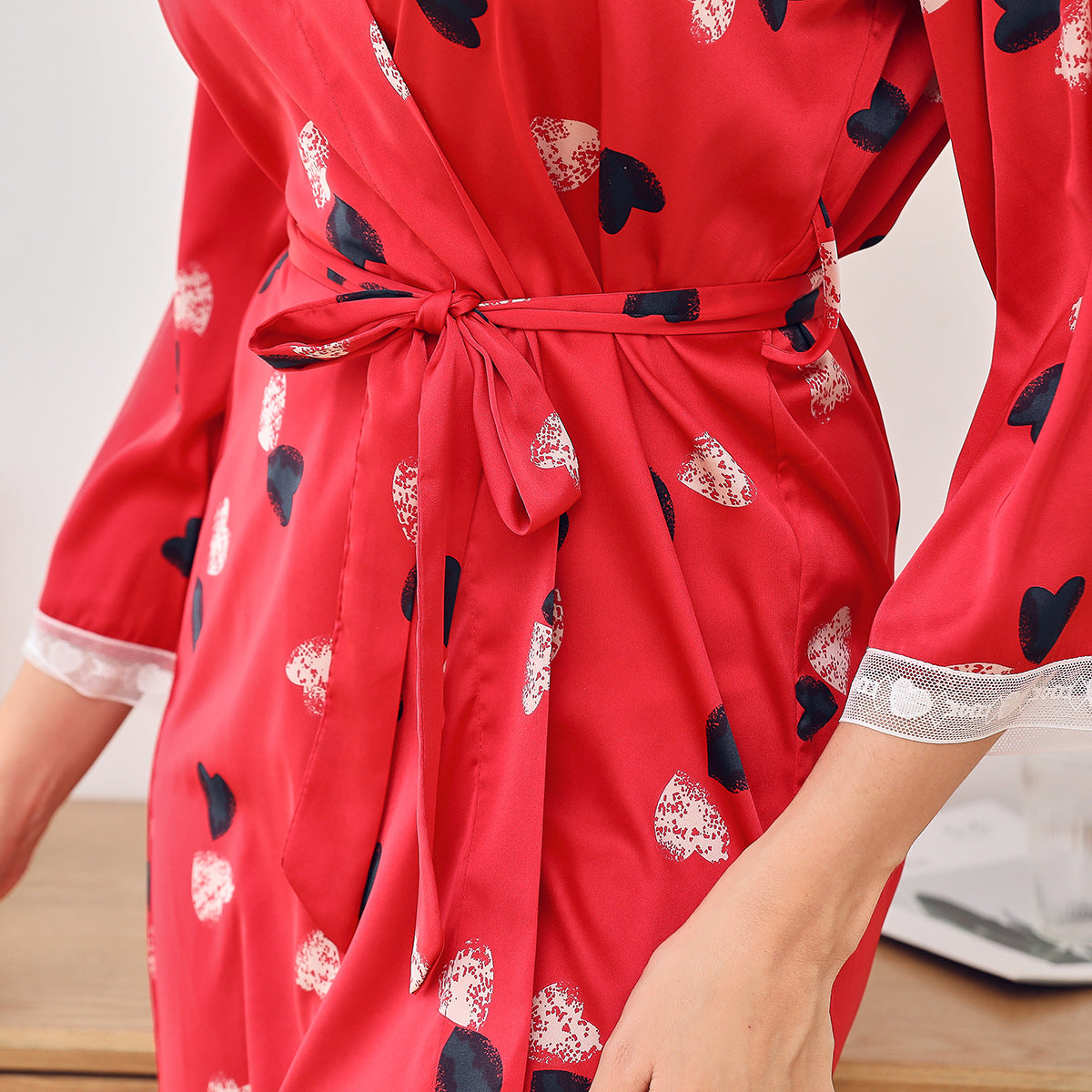 Heart Printed Satin Belted Robe