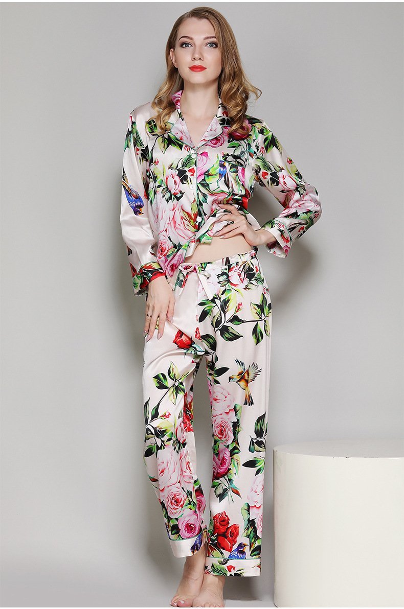Floral Printed Pure Beige Silk Pajamas Set