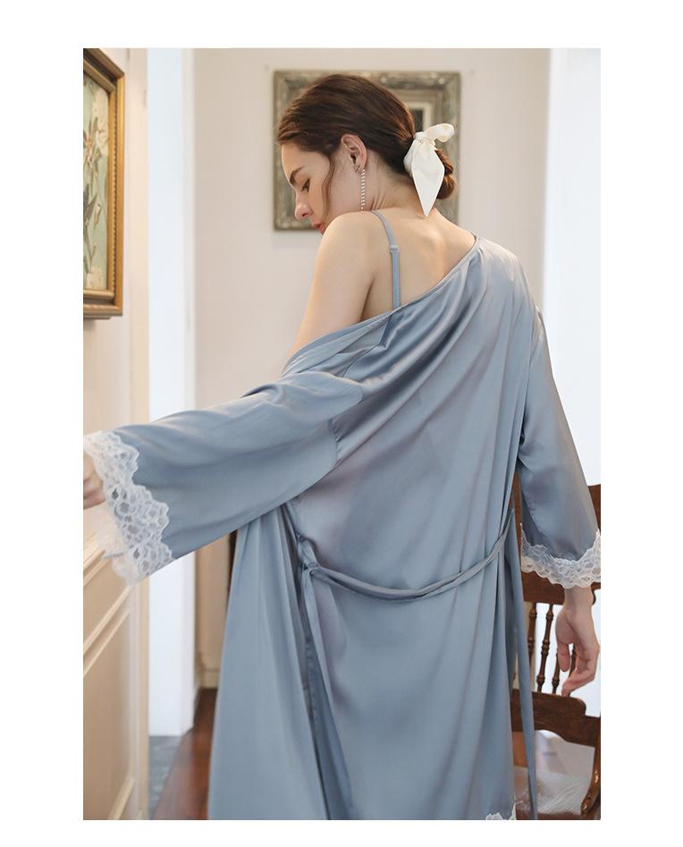 3pcs Light Blue Lace Trim Cami Top & Satin Pants & Robe Satin Sleepwear Robes