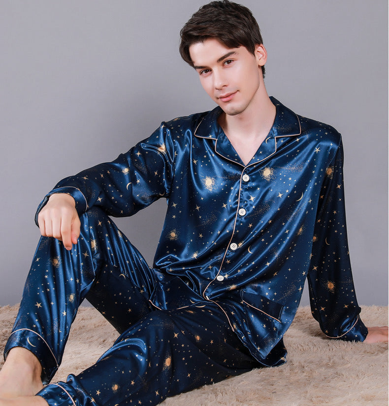 Star Print Satin Men's Pajama Set 2PCS
