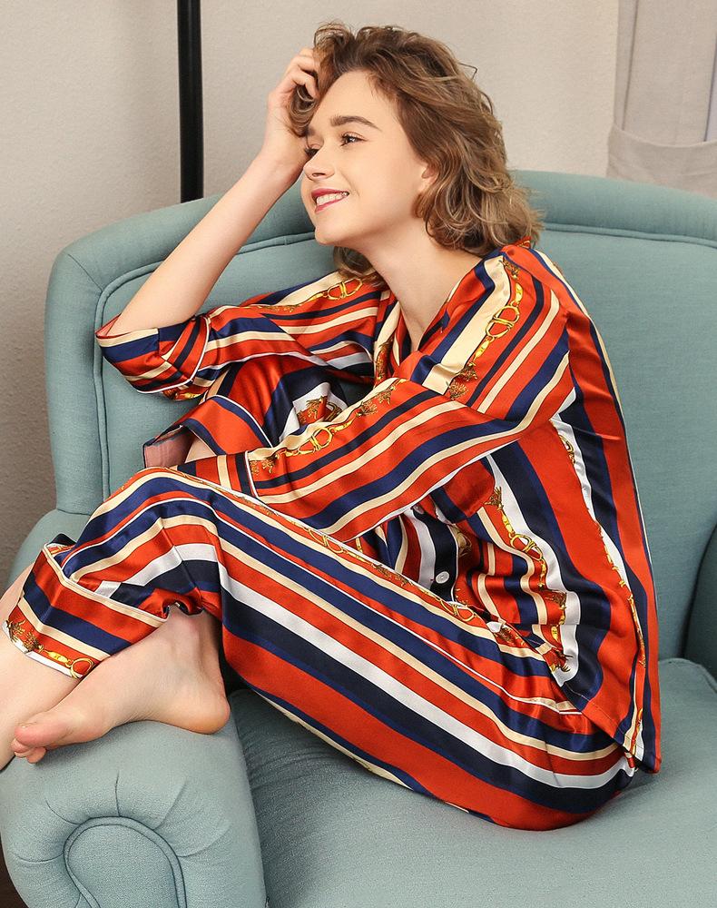 Stripe Luxurious Women Silk Pajamas Set 2Pcs