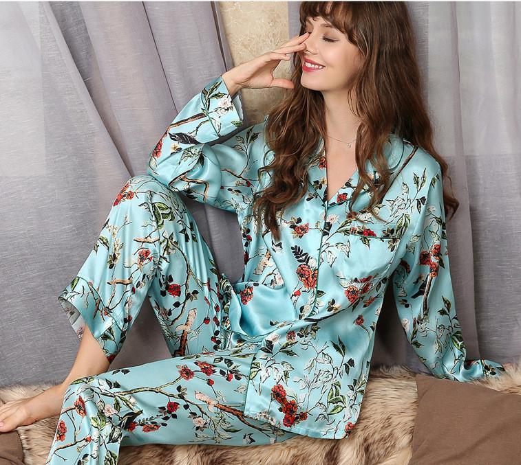 Aqua Floral Print 19 Momme Silk Pajama Set Women