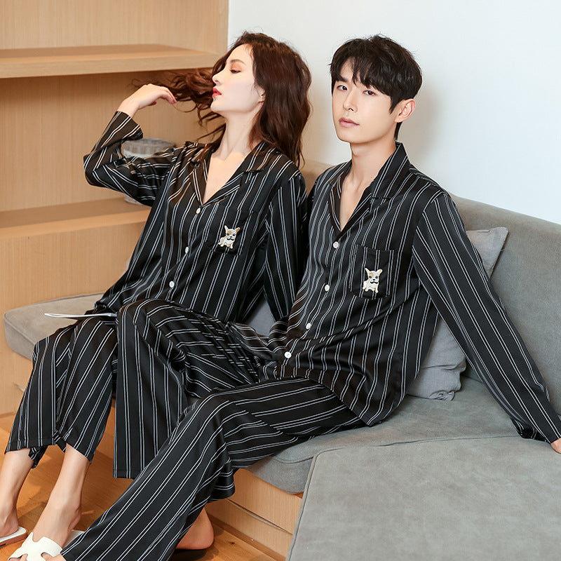 Couple Striped Lapel Collar Satin Pajamas
