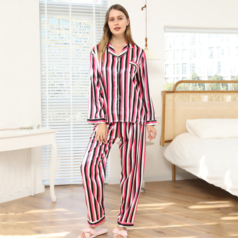 Contrast Piping Pocket Patched Satin Pajamas Set
