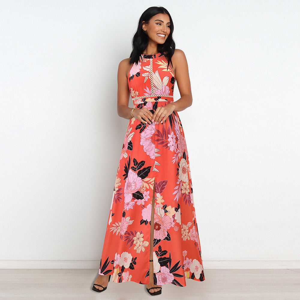 Floral Print Backless Maxi Dress
