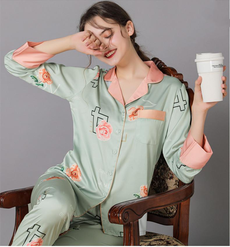Floral Print  Women's Satin Long Sleeve Pajamas Set