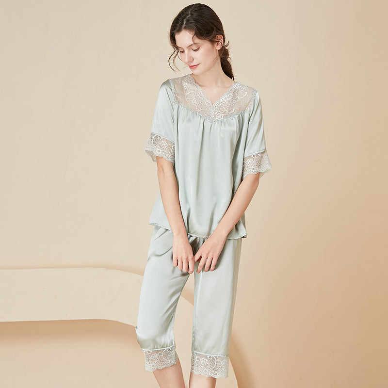Pure Silk Elegant Lace Neck Short Pajamas Set 2Pcs