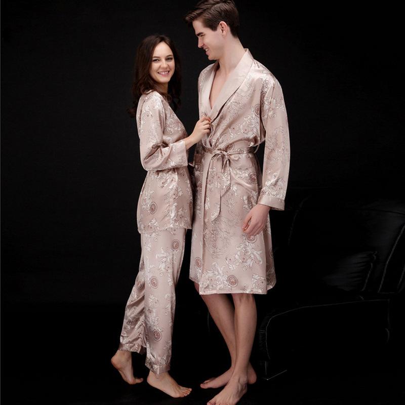 Satin Contrast Lace Couple Cami Nightdress & Belted Robe