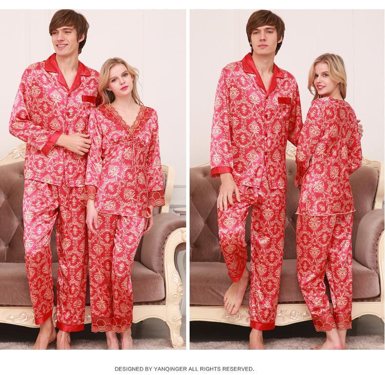 Red Lace Luxe Couple Satin Pajamas Set