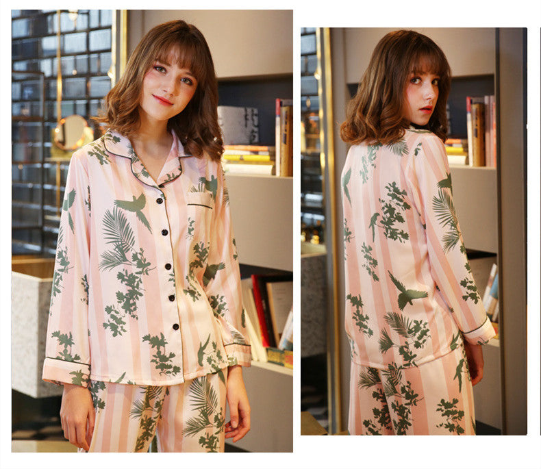 Floral Print Contrast Piping Satin Blouse & Pants Pajamas Set