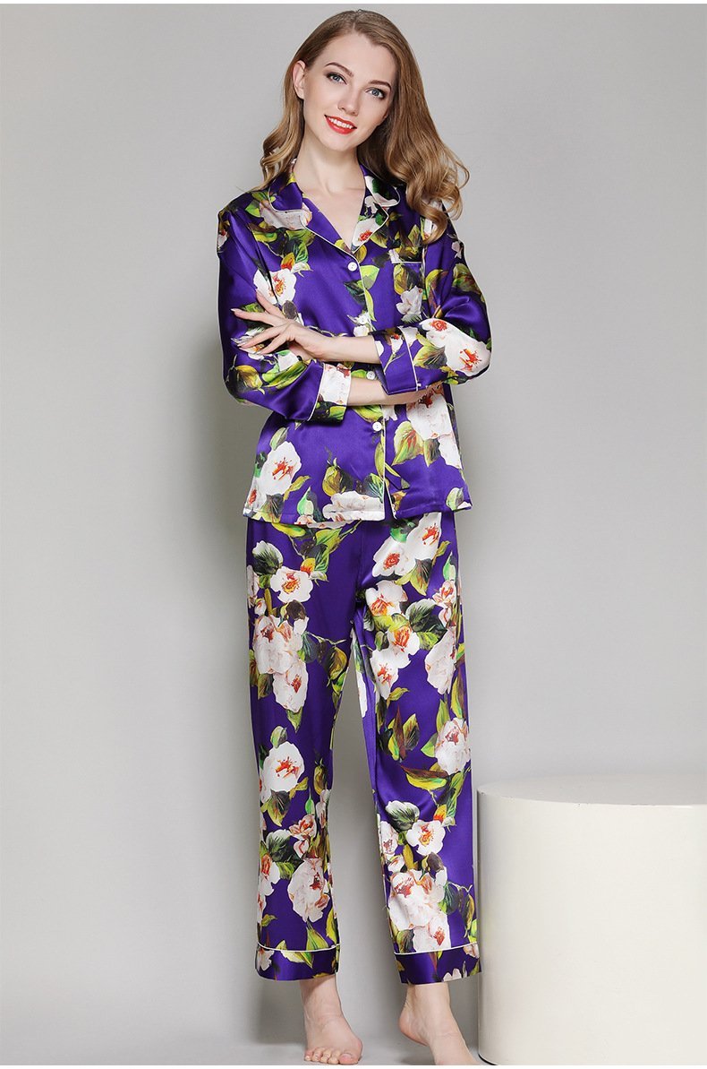 Floral Printed Pure Purple Silk Pajamas Set