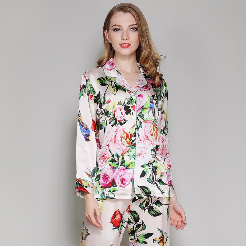 Floral Printed Pure Beige Silk Pajamas Set