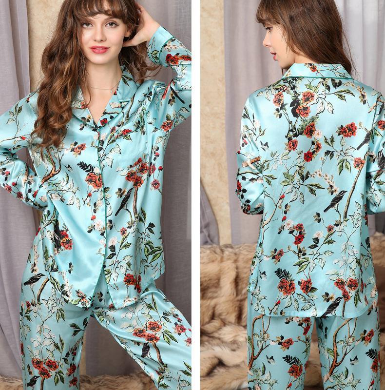 Aqua Floral Print 19 Momme Silk Pajama Set Women
