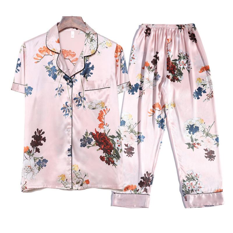 Women's Floral Print Satin Short Sleeve Notch Collar Pajama Set