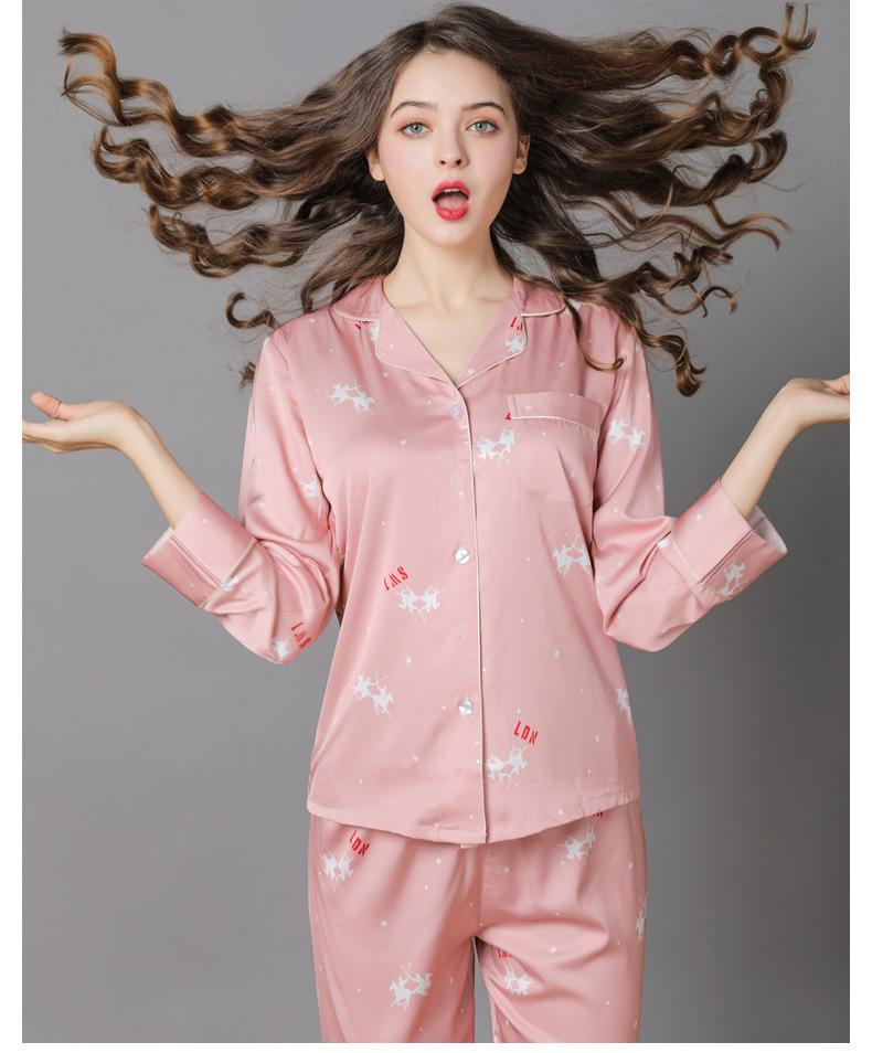 Women's Pink Print Long Satin Pajamas Set