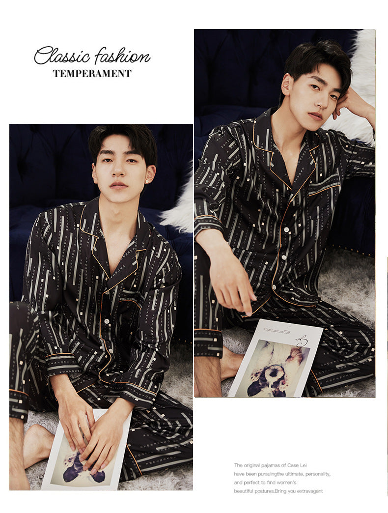 Men Striped Lapel Neck Satin Pajamas Set