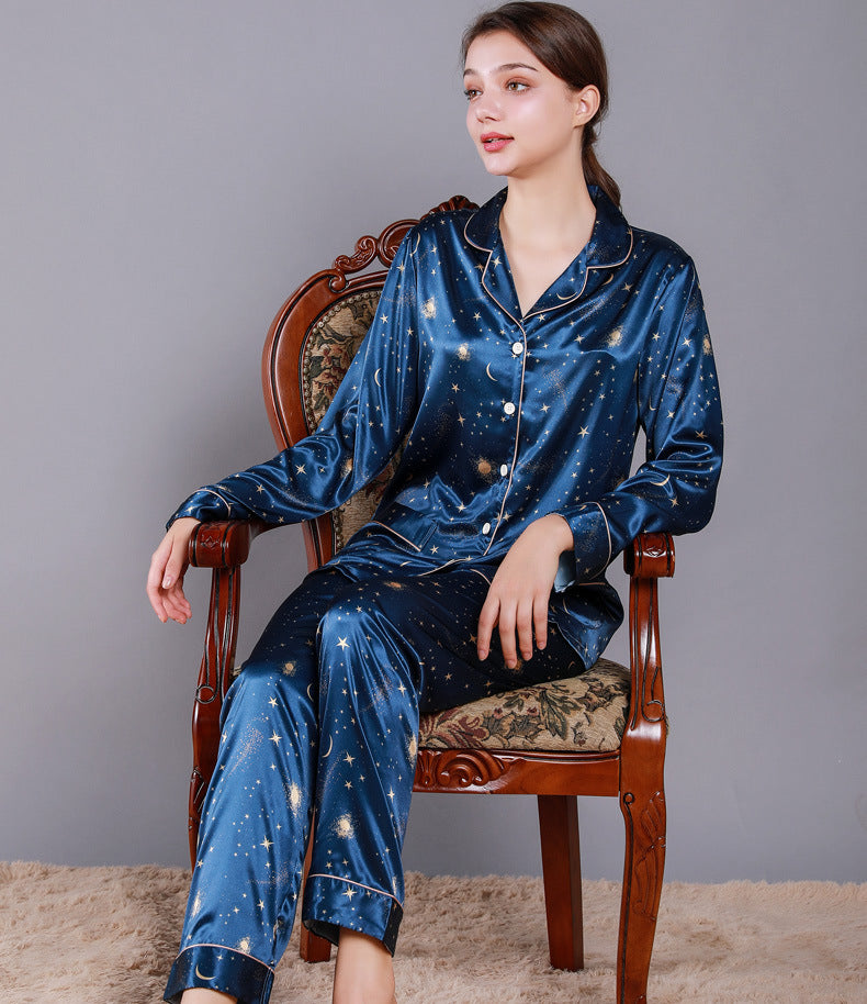 Star Print Silky Satin Couple Pajamas Set