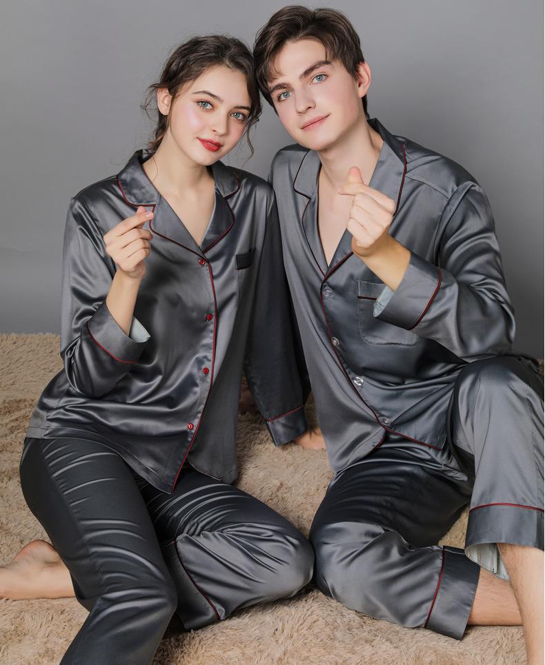 Lapel Collar Satin Couple Pajamas Set