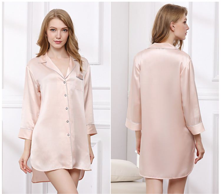 Luxurious Piping Silk Sleep Shirt Dress