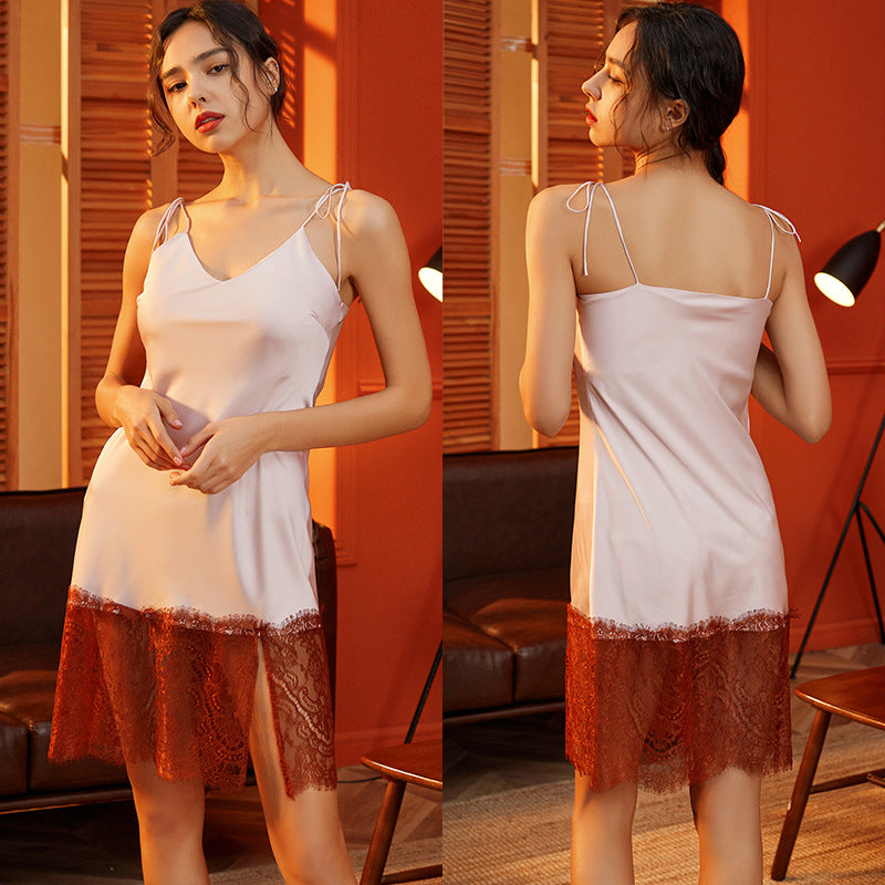 Contrast Lace Split Side Satin Cami Night Dress
