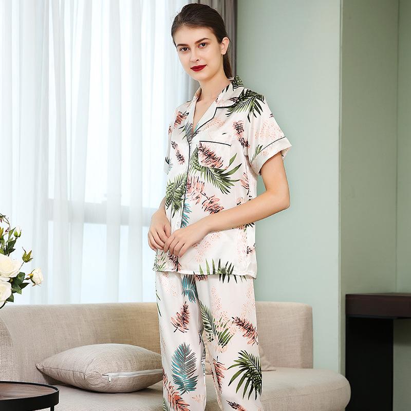 Women's Floral Print Satin Short Sleeve Notch Collar Pajama Set