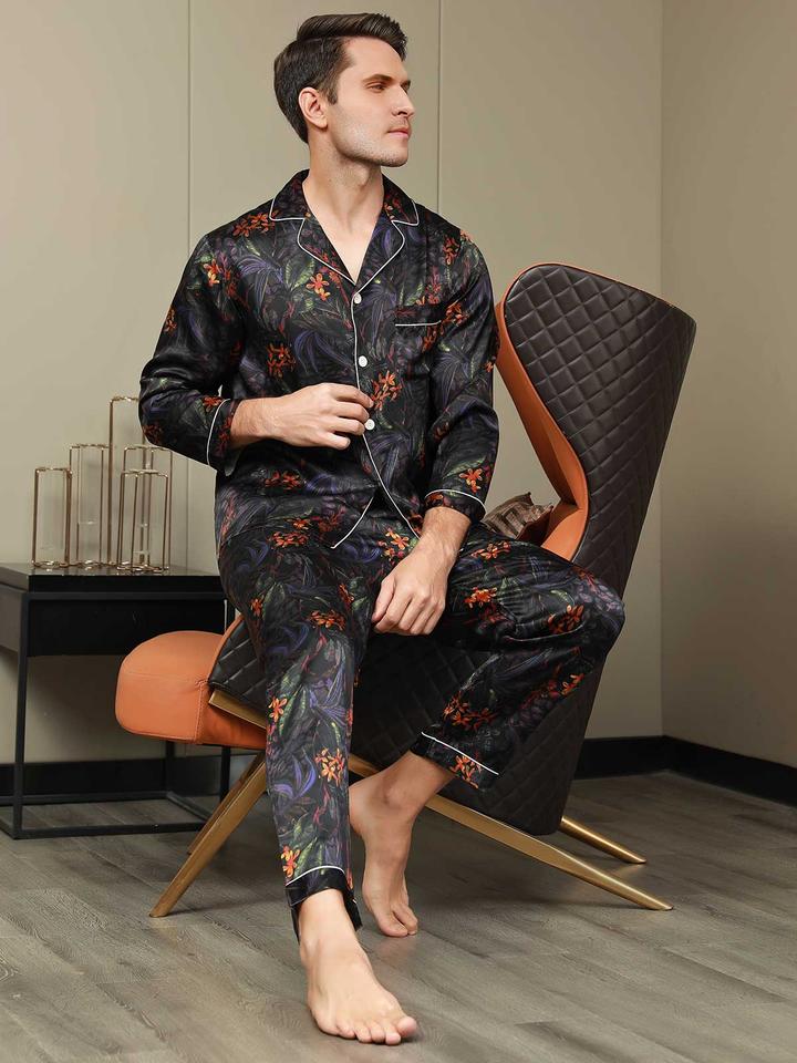 Pure Silk Men's Floral Printed Lapel Pajamas