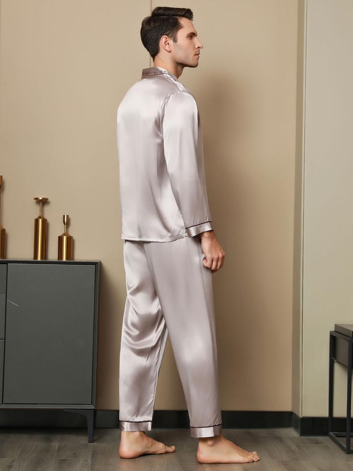 Luxurious Embroidered Collar Men's Pure Silk Pajamas