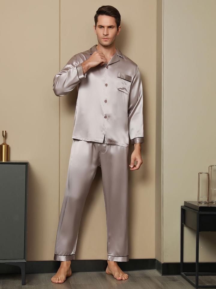 Luxurious Embroidered Collar Men's Pure Silk Pajamas
