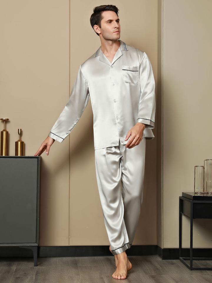 Luxurious Embroidered Collar Silver Men's Pure Silk Pajamas