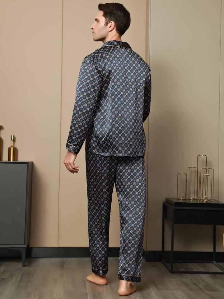 Printed Lapel Men's Pure Silk Pajamas Set