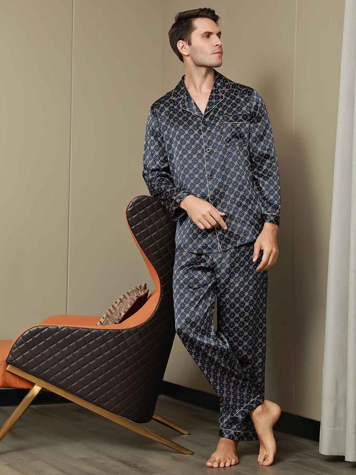 Printed Lapel Men's Pure Silk Pajamas Set