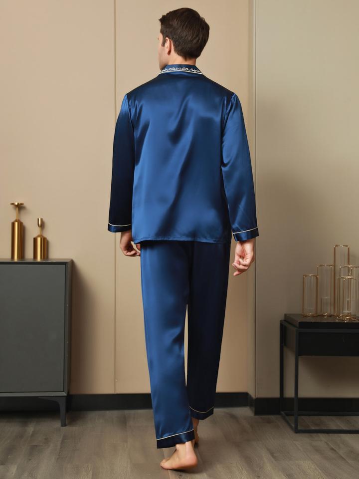 Luxurious Embroidered Collar Blue Men's Pure Silk Pajamas